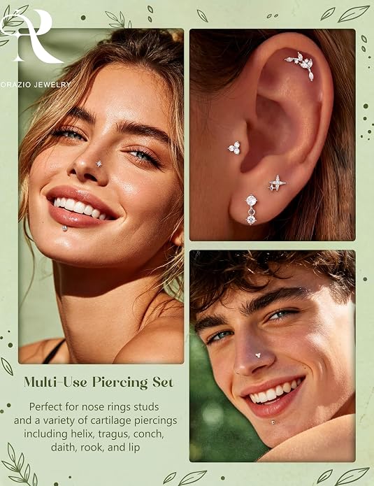 Flat Back Stud Earrings for Women Hypoallergenic Surgical Steel Internal Thread CZ Stud Piercing Jewelry for Tragus Helix Conch Cartilage 14K Gold/Silver Plated Nose Lip Labret Medusa Piercing 16G 18G