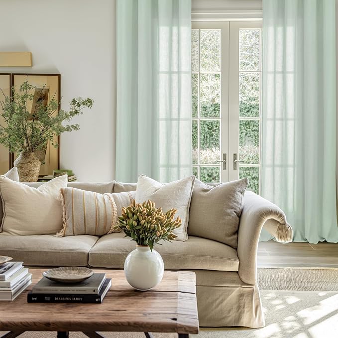 YoungsTex 90 Inches Length Linen Curtains for Living Room 2 Panels, Grommet Sage Green Textured Natural Drapes Light Filtering for Dining Bedroom Farmhouse Lightweight, 52 X 90 Inch
