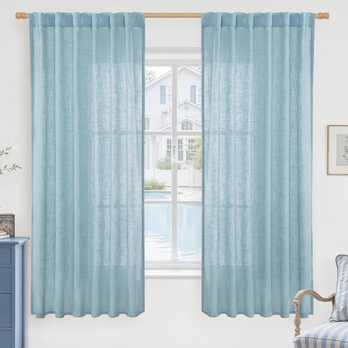 LAMIT Sheer Linen Curtains 63 Inch for Bedroom, Light Filtering Country Decor Semi Sheer Farmhouse Boho Curtains Back Tab and Rod Pocket Living Room Panels, Stone Blue, 2 Panels, 52 x 63 Inch