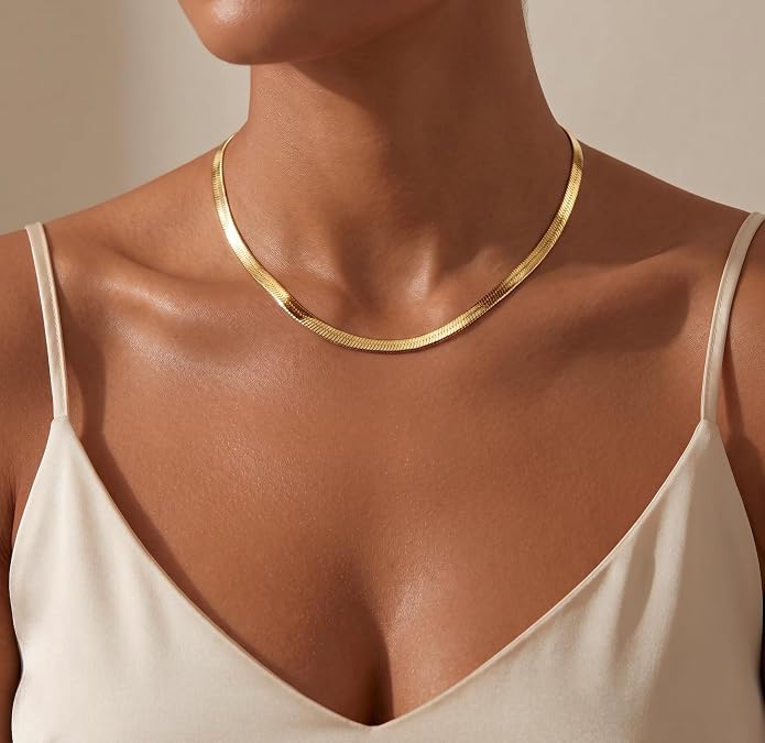 WomenGifts 14K Gold Silver Plated Herringbone Necklace for Women, Dainty Snake Chain Choker, Trendy Simple Long Layered Jewelry Non Tarnish, 3/4/5/8mm,14,16,18,20,22,24,26 Inch Thin & Chunky Options