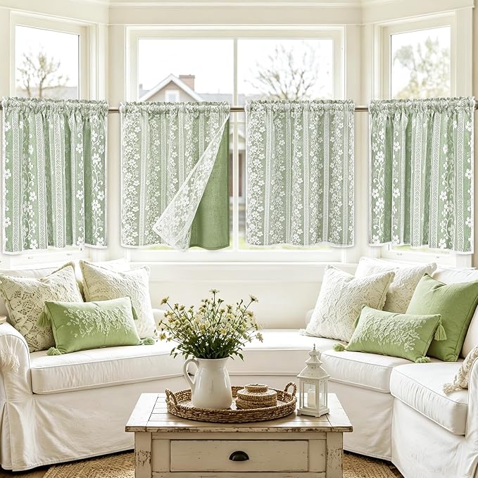ASPMIZ Linen Kitchen Curtains Double Layer Kitchen Window Curtains Over Sink 24 Inch Sage Green Tier Curtain Light Filtering Rod Pocket Cafe Curtain Short Window Treatments with 2 Tiebacks, 26x24