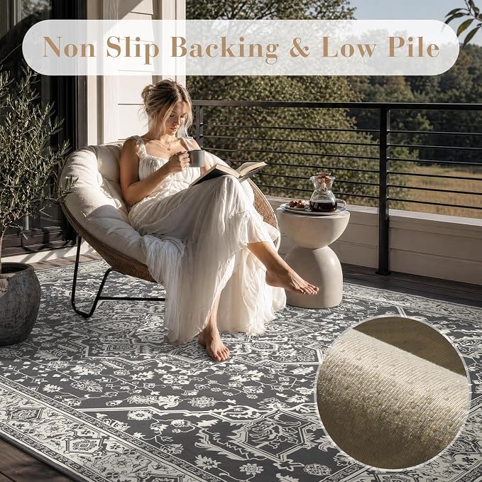 AMOAMI-Outdoor Rug-Patio Rug 9x12 ft Quick Dry Flatweave Textured Machine Washable Outdoor Carpet with Rubber Backing Vintage Outdoor Area Rug for Patio Deck Front Porch Balcony Greyish Black