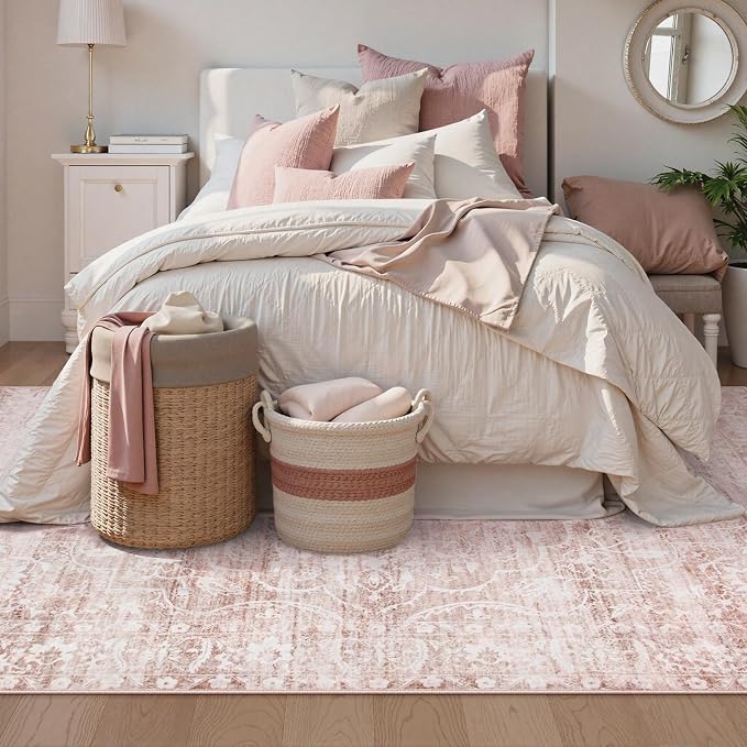 Lahome Pink Rugs for Bedroom Girls,Cute Nursery Rug Boho Area Rugs 5x7,Floral Living Room Rug Carpet Ultra-Thin Soft Washable, Kids Rugs for Playroom Baby Room Decor Dorm Aube (Light Pink, 5'X7')