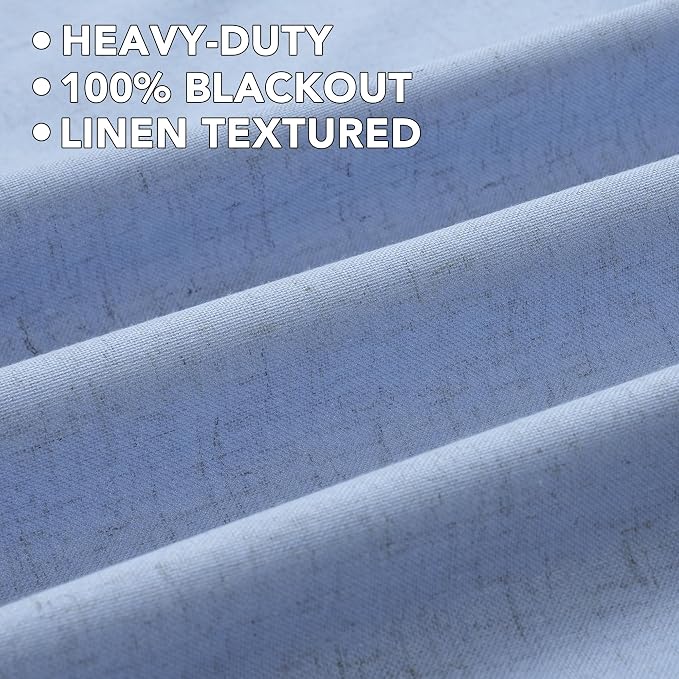H.VERSAILTEX Linen Curtains 100% Blackout Curtains for Bedroom 90 inch Long Full Light Blocking Nature Linen Blended Window Curtains for Living Room Nickel Grommet (2 Panels, Heathered Chambray Blue)