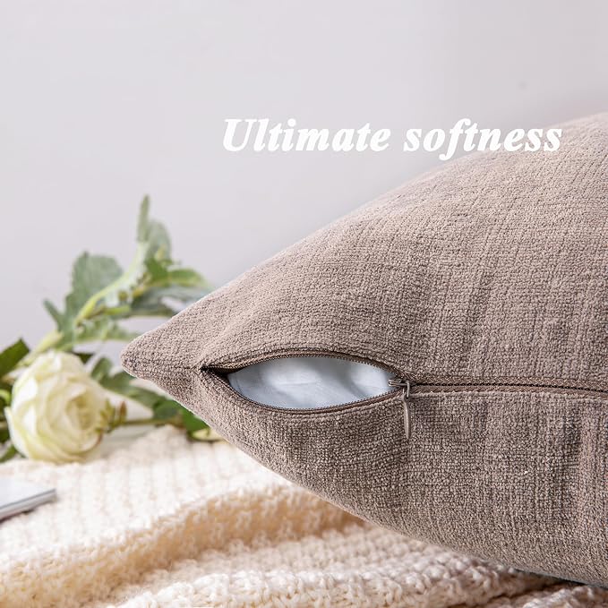 GAWAMAY Decorative Square Throw Pillow Covers 18"x18" Inch Set of 4, Super Soft Chenille Pillows Cover Fall Pillowcase for Living Room Bedroom Sofa Couch Cushion Cover Taupe Grey 45x45cm
