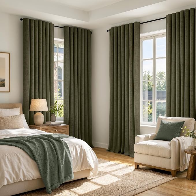 MIULEE 100% Blackout Linen Curtains 42 x 90 Inch Light Olive Green 2 Panels | Thermal Insulated, Room Darkening Drapes for Bedroom Living Room, Back Tab Rod Pocket Pinch Pleated, Solid Luxury Decor