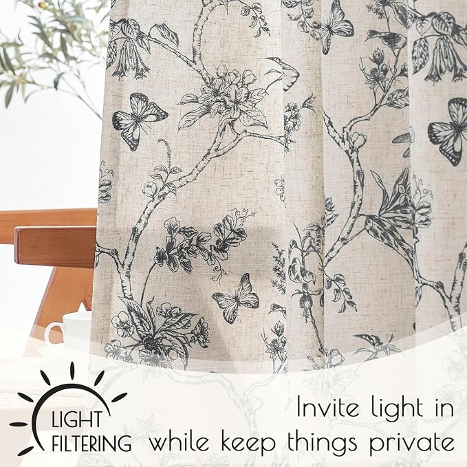 Lazzzy Charlotte Black Floral Lined Linen Farmhouse Curtains 90 Inch Long Back Tab Drapes for Living Room Bedroom Light Filtering Vintage Rod Pocket, 2 Panels, Black on Beige