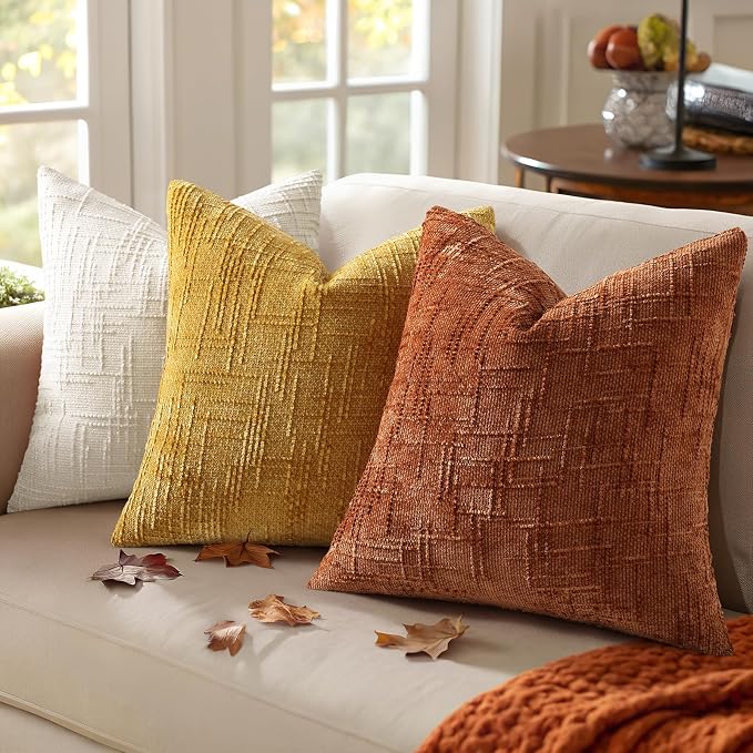 decorUhome Textured Chenille Throw Pillow Covers 24x24 Set of 2 Rust | Fall Modern Farmhouse Soft Cozy Slubby Couch Pillow Cases Boho Decorative Pillow Cases for Bed Sofa Living Room Home Decor