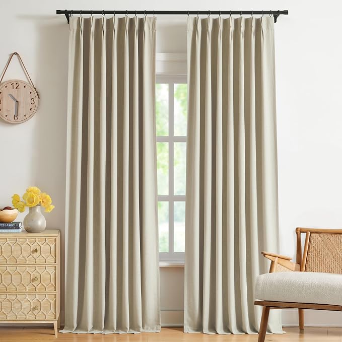 WEST LAKE Extra Long Sand Pinch Pleat Full Blackout Curtain Panels 112 Inch | French Pleat Linen Blended Room Darkening Drapes,Modern Window Treatment for Bedroom,40"Wx112"L(Pack of 2)