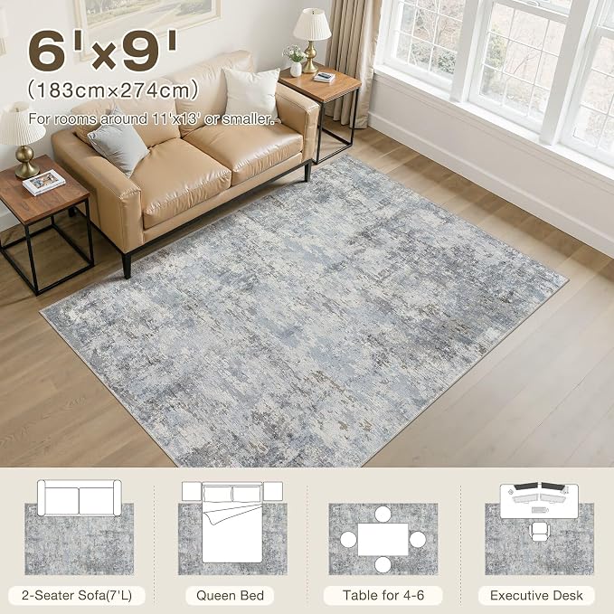 6x9 Area Rug, Non Slip Low Pile Washable Large Rug for Living Room | Soft Modern Abstract Carpet, Stain Resistant Kid & Pet Friendly, Made for Dining Room, Nursery, Office Indoor - Blue Gray