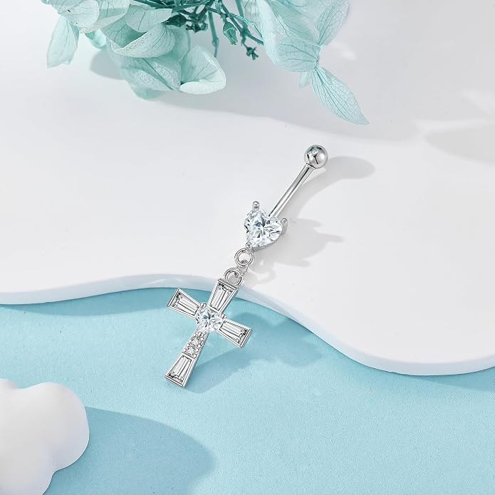 Belly Button Ring 925 Sterling Silver Bar Butterfly/Cross/Pregnancy Dangle Belly Button Piercing Body Navel Rings CZ Moonstone Jewelry Gift for Women