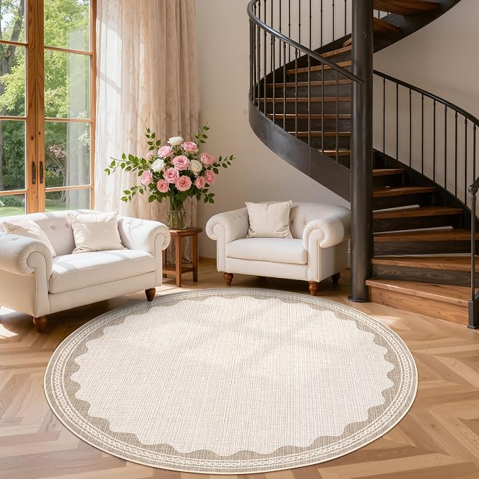 GarveeHome Scalloped Beige 4ft Round Rug Washable Non-Slip Soft Ultra-Thin Small Circle Modern Cottage Core Solid Carpet for Entryway Kitchen Bedroom Nursery Dining Room