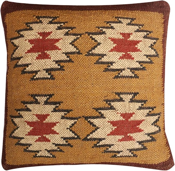 Set of 4 Geometric Wool Jute Square Throw Pillow Covers -Decorative 18 x 18 Inches Multicolour Cushion Covers Perfect for Sofa/Couch/Bed/Home/Outdoor/Car (Multicolour - 12)