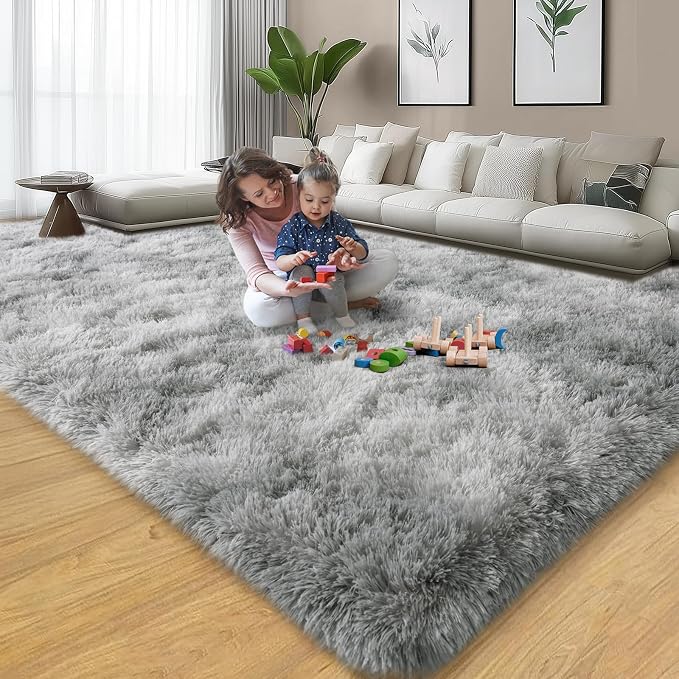 qulint 6x9 Area Rug for Living Room, Fluffy Bedroom Area Rug, Tie-Dyed Grey | Shag Shaggy Large Grey Carpet for Boys Room, Fuzzy Plush Modern Rug for Dorm Kid Room Classroom Home Decor