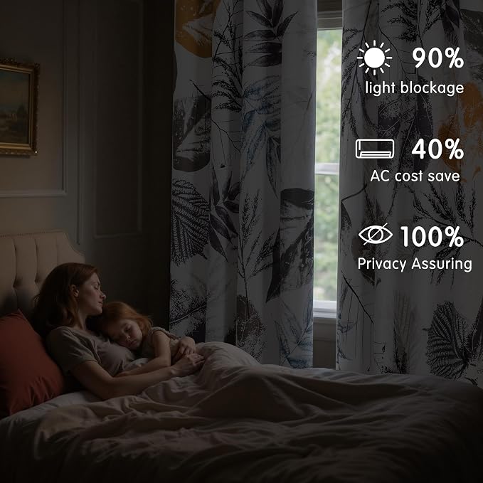 SUBRTEX Blackout Curtains 52Wx108L, Room Darkening Floral Curtains, Thermal Insulated 2 Panels Window Drapes, Boho Farmhouse Curtains for Living Room Bedroom Window Treatments, Grey
