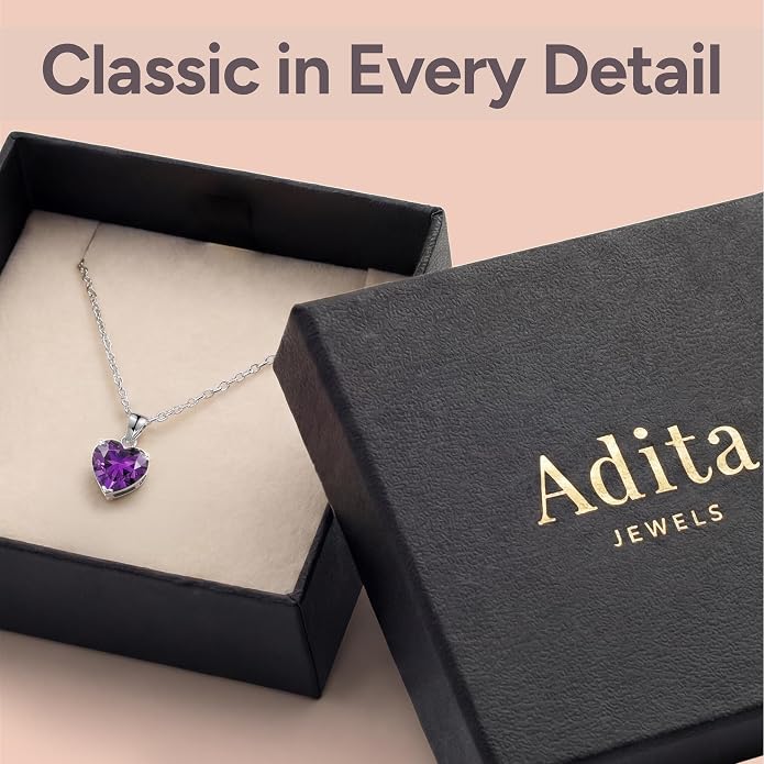 ADITA GOLD Bithstone Heart Necklace for Women with 925 Sterling Silver Chain, Simulated Birthstone Pendant, Jewelry