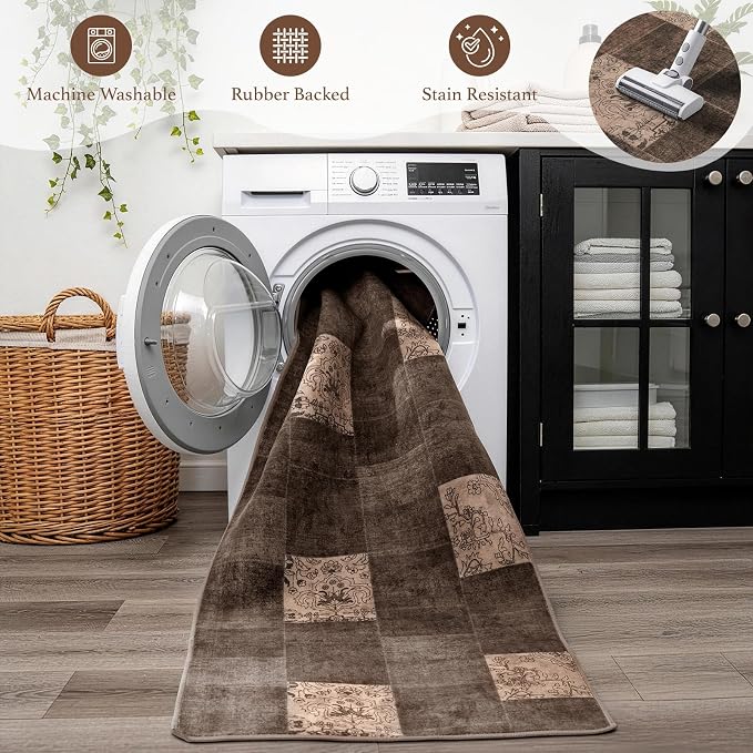 LIANLAM 2x6 Washable Runner Rug for Hallway&Kitchen,Non-Slip Long Carpet with Vintage Boho Checkered Design,Ultra-Thin Low Pile,Stain Resistant Easy Clean Floor Mat for High Traffic Areas(2x6,Brown)