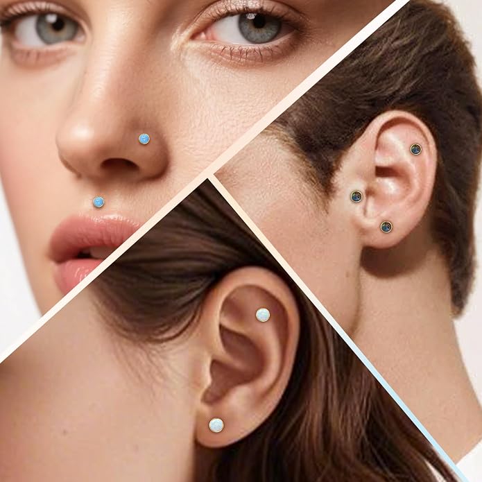 limerencia 18G Titanium Body Piercing Jewelry, G23 Hypoallergenic Flat Back Opal Internally Threaded Tragus Helix Cartilage Conch Medusa Nose Stud Earrings for Women Men(Silver,4MM Black)