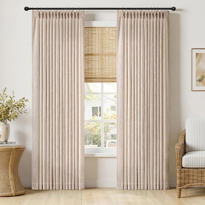MIULEE Pinch Pleated Thick Linen Curtains 84 Inches Long 2 Panels for Living Room Bedroom, Linen Textured Memory Trained Drapes Pleat Back Tab Light Filtering Sand Beige Window Curtains with Hooks