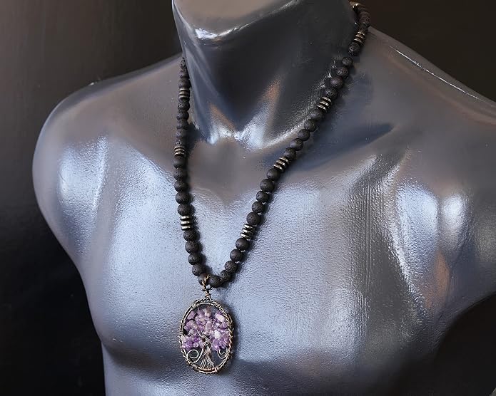 ElisaJewelryArt - Natural Labradorite Big Tree Of Life Black Lava Stone Beaded Necklace Genuine Gemstone Energy Stone Clasp Closure Necklace Unisex Necklace