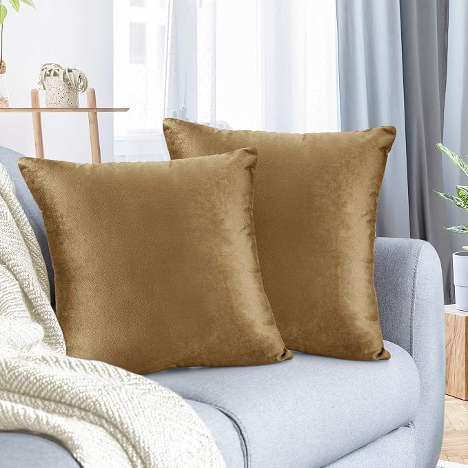 Nestl Throw Pillow Covers, Cozy Velvet Decorative Autumn Pillow Covers 22 x 22 Inches, Soft Solid Couch Pillow Covers for Sofa, Bed and Car, Set of 2 - Mocha Light Brown