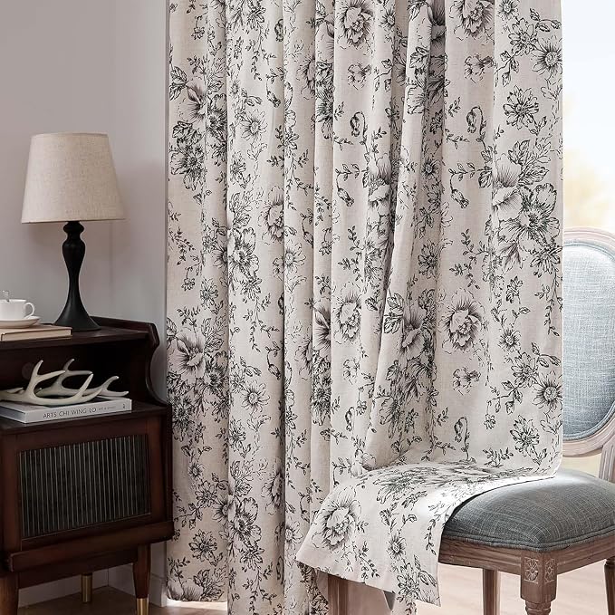jinchan Black Floral Linen Blackout Curtains 72 Inch Back Tab 2 Panels | Blackout lining, room darkening drapes, farmhouse, vintage, cottagecore, rustic, bedroom, living room, window treatment