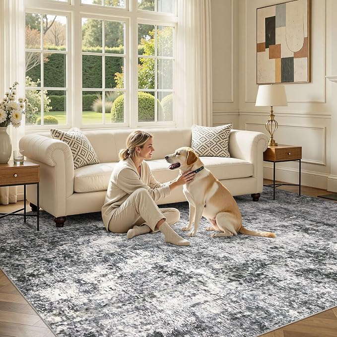 DMOYEST Area Rug Living Room Rugs - 7x9 Large Soft Indoor Neutral Modern Abstract Low Pile Washable Rug Carpet for Bedroom Dining Room Farmhouse Home Office - Grey