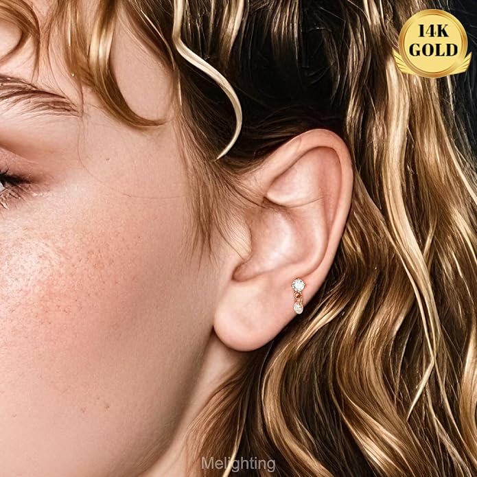 MeIighting 14K Solid Gold Helix Earring Clear CZ, Dangle Internal Thread Flat Back Earring, Teardrop Heart Round Cartilage Tragus Conch Piercing Jewelry for Women 6/8 mm