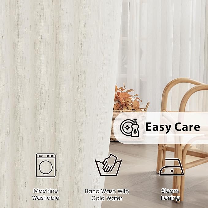 FMFUNCTEX Beige Flax Linen Sheer Curtains 45 Inch Long Rod Pocket 2 Panels | Natural Semi Sheer Window Drapes for Bedroom and Living Room, Farmhouse French Kitchen Window Curtain Light Filtering Privacy