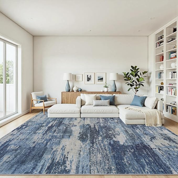9x12 Area Rugs Living Room Rug Modern Abstract Neutral Washable Rugs Non Slip Soft Carpet Large Area Rug Low Pile Stain Resistant Non Shedding for Bedroom Nursery Dining Room Home Office Navy Blue