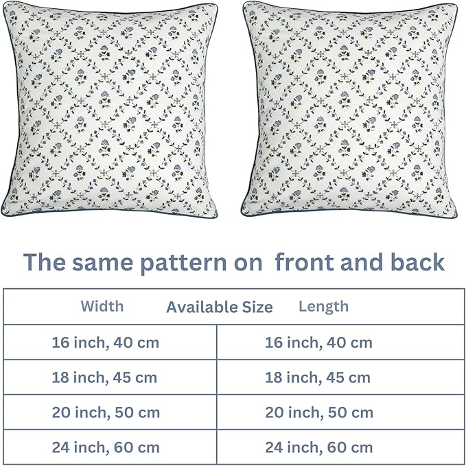 Ridhi Block Print Powder Blue Pillow Cover 24" x 24" (Pack of 2) Decorative Couch Pillows for Living Room, Farmhouse Chic Boho Cute Outdoor Pillows Covers Gifts for Spring, Mother's Day