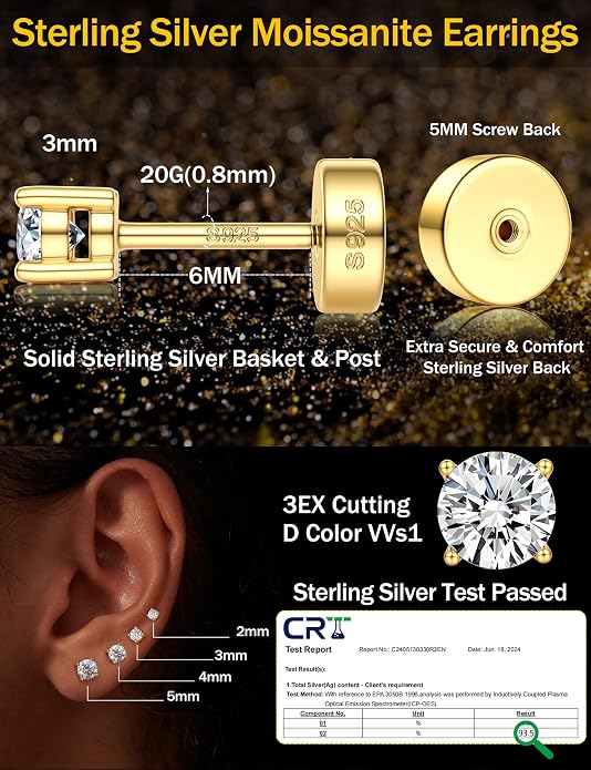 Moissanite Earrings for Men Women：Hypoallergenic Flat Back Earrings 925 Sterling Silver Stud Earring Small D Color VVS1 Moissanite 14K White Gold Plated Helix Cartilage Earring Studs Gift Jewelry