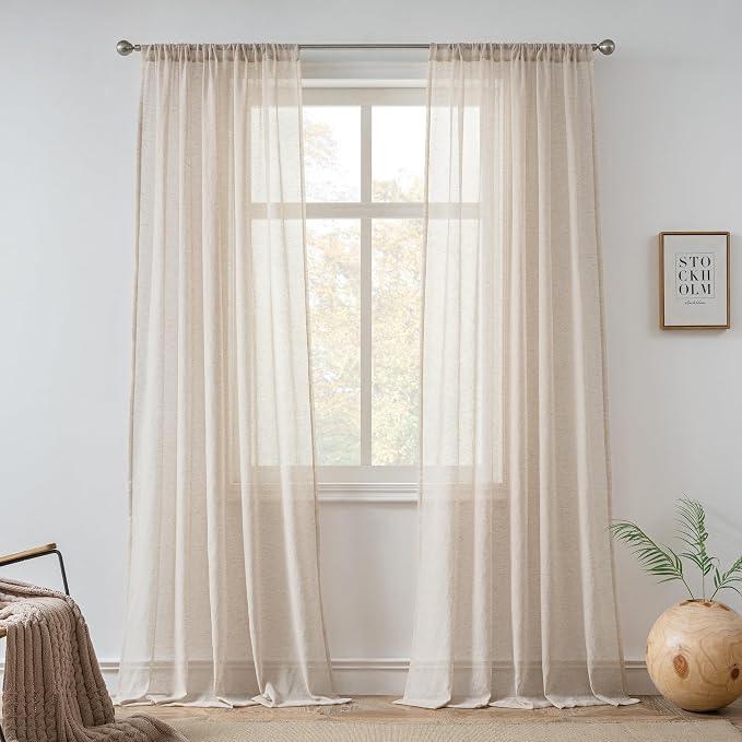 FMFUNCTEX Taupe Flax Linen Sheer Curtains 63 Inch Long Rod Pocket 2 Panels | Semi Sheer Window Drapes Taupe for Bedroom and Living Room, Farmhouse French Window Curtain Privacy