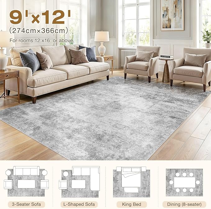 cotiled 9x12 Rugs for Living Room Abstract Soft Non Slip Washable Area Rug | Stain Resistant, Robot Vacuum & Pet Friendly, Low-pile, For Living Room, Bedroom, Dining Table, Nursery Grey