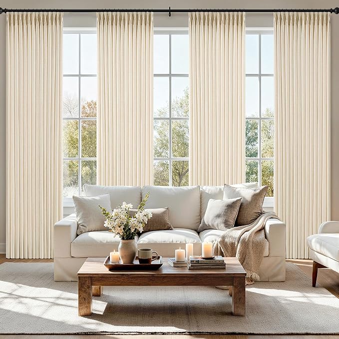 MIULEE Pinch Pleated Thick Linen Curtains 90 Inch 4 Panels Set Back Tab Memory Trained Pinch Pleat Semi Sheer Light Filtering Privacy Let Light in Window Drapes for Living Room Bedroom Warm Beige