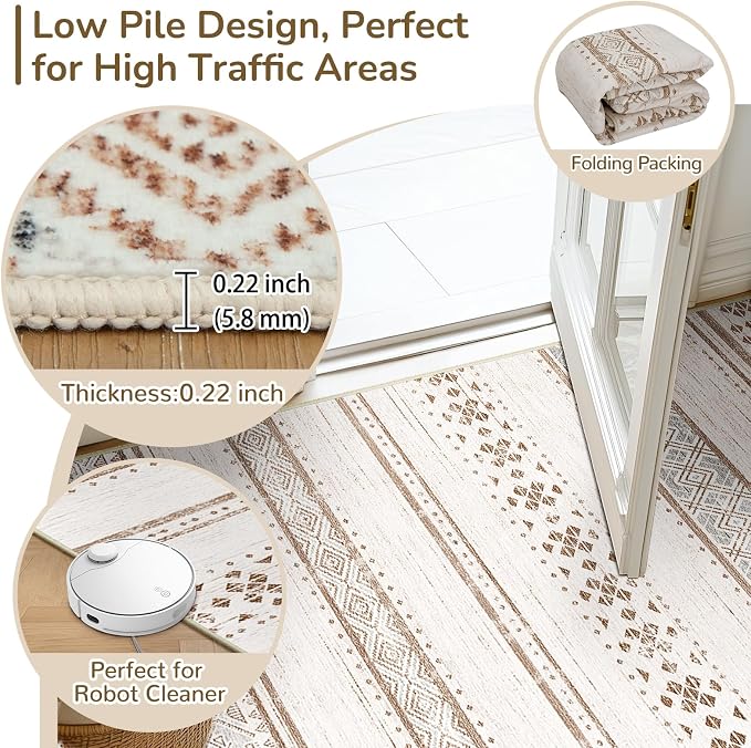 BESTSWEETIE 3x5 Area Rugs for Living Room Washable Moroccan Farmhouse Neutral Geometric Low Pile Non-Slip Soft Print Pattern Rug for Bedroom Kitchen Dining Room Entryway Cream/Brown/Pink