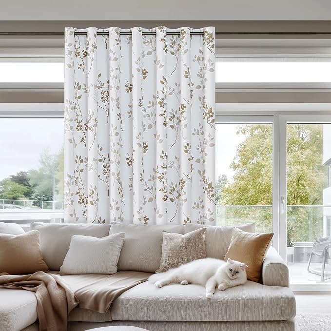 Beauoop Floral 100% Blackout Sliding Door Curtains Tan Brown 100x84 1 Set | Flower Patterned Brown White Room Darkening Patio Curtains Extra Wide Room Divider Drapes Thermal Window treatment Grommet