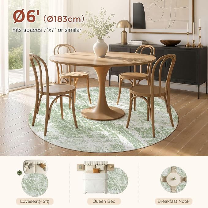 DMOYEST 6ft Round Washable Area Rug for Living Room: Modern Abstract Neutral Circle Carpet, 6x6 Soft Low Pile Non-Slip Floor Mat for Bedroom Under Dining Table, Kids & Pet - Green
