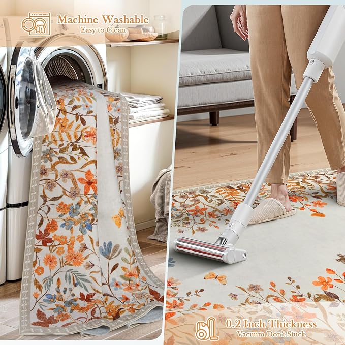 Wonnitar 4x6 Washable Area Rug, Orange Floral Rug for Bedroom, Boho Botanical Entryway Rug, Non Slip Soft Kitchen Carpet, Ultra Thin Cottagecore Home Office Decor (4x6 Orange)