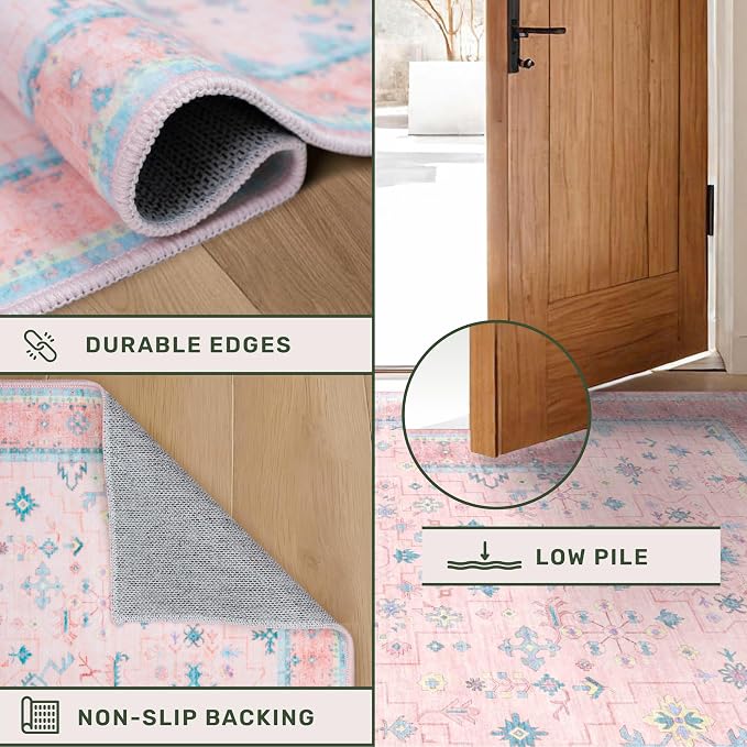 Hazo Haus Nursery Area Rug 4x6 - Pink Rugs for Girls Bedroom, Living Room - Washable Low Pile Non-Slip Charming Boho Vintage Traditional Oushak Design, Perfect for Kids Rooms