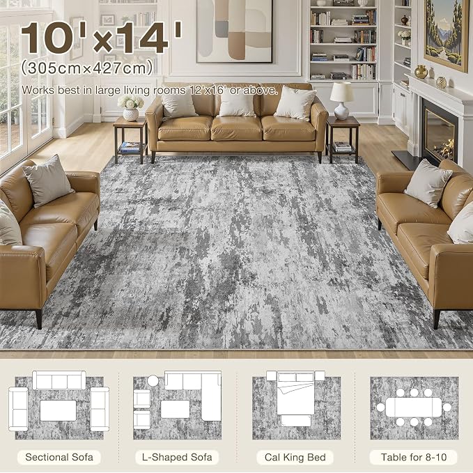 10x14 Area Rugs for Living Room, 10x14 Rug Washable High-Low Pile | Neutral Modern Abstract Carpet, Non Slip Lightweight Soft Made for Dining Room, Home Office Indoor Decor - Dark Gray