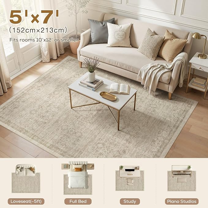 Nakagishi 5X7 Area Rugs Living Room: Washable Large Vintage Rug Neutral Non-Slip Soft Stain Resistant Indoor Carpet for Bedroom Nursery Dining Room Office Playroom - Vintage Brown