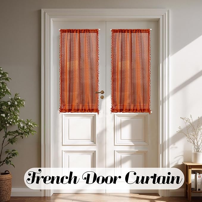 Sutuo Home Burnt Orange French Door Curtain for Glass & Sidelights, Bohemian Tassels Vintage Chic Patio Privacy Drapes for Front Door Halloween Decor, Rod Pocket 2 Panels 25" W x 40" L,Terracotta