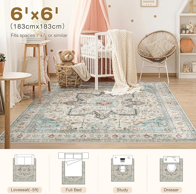 Tortania 6' Square Area Rug Living Room Rugs - Washable Boho Rug Vintage Oriental Distressed Farmhouse Large Thin Indoor Carpet for Bedroom Under Dining Table Home Office - Aqua Multi