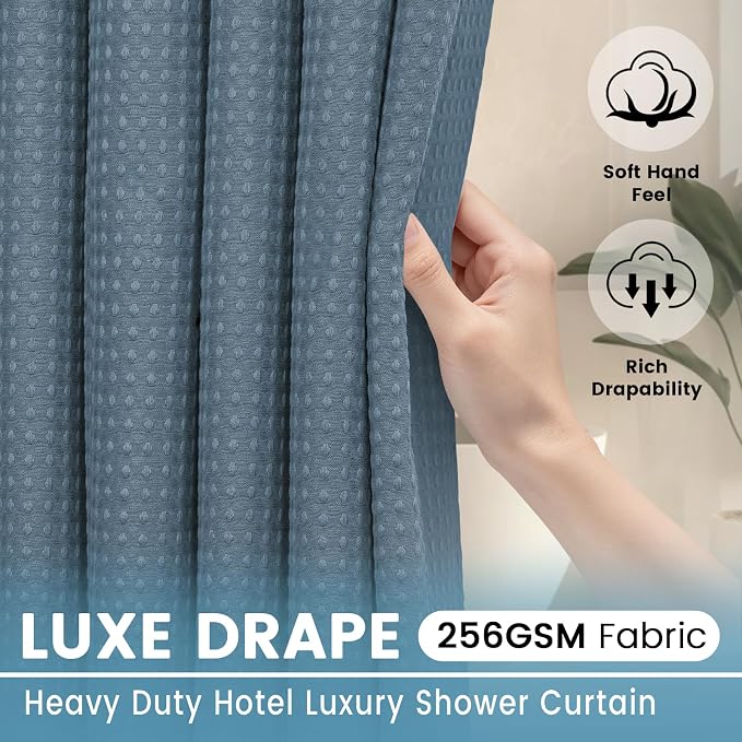 EUTXL Heavyweight Moonlight Blue No Hook Shower Curtain with Snap in Liner,256GSM Waffle Weave Shower Curtains for Bathroom,71W x 74H