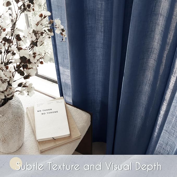 Navy Blue Curtains 80 inch Length for Bedroom Back Tab Light Filtering Semi Sheer Blue Living Room Curtains Linen Cotton Textured Indigo Blue Drapery Panel Modern Farmhouse Aesthetic Decor Dark Blue