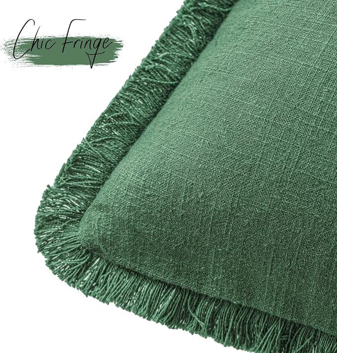 Foindtower Set of 2 Decorative Linen Fringe Throw Pillow Covers Cozy Boho Farmhouse Cushion Cover with Tassels Soft Accent Pillowcase for Couch Sofa Bed Living Room Home Decor, 22×22 Inch, Pine Green