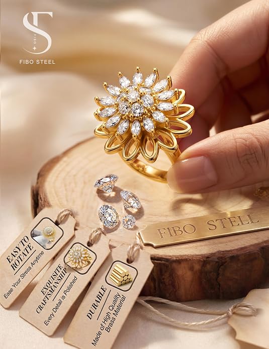 FIBO STEEL Fidget Anxiety Rings for Women - 8Pcs 14K Gold Plated Spinner Adjustable Rings Stress Relief Open Ring Stacks CZ Sun flower Butterfly Bead Evil Eye Non Tarnish Ring Set