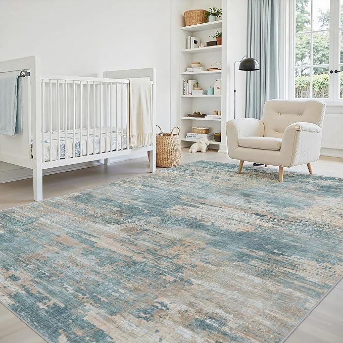 6x9 Area Rugs Living Room Rug Modern Abstract Neutral Washable Rugs Non Slip Soft Carpet Large Area Rug Low Pile Stain Resistant Non Shedding for Bedroom Nursery Dining Room Home Office Green