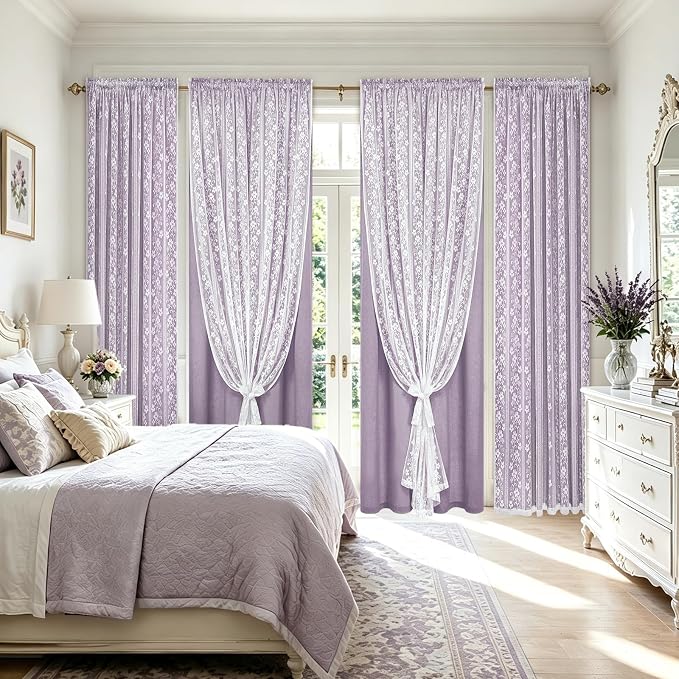 ASPMIZ Linen Curtains for Living Room Double Layer Curtains with Linen Lace, Purple Curtain for Bedroom Light Filtering, Rod Pocket Drapes 84 Inch Length 2 Panels Set with 2 Tiebacks, 52x84